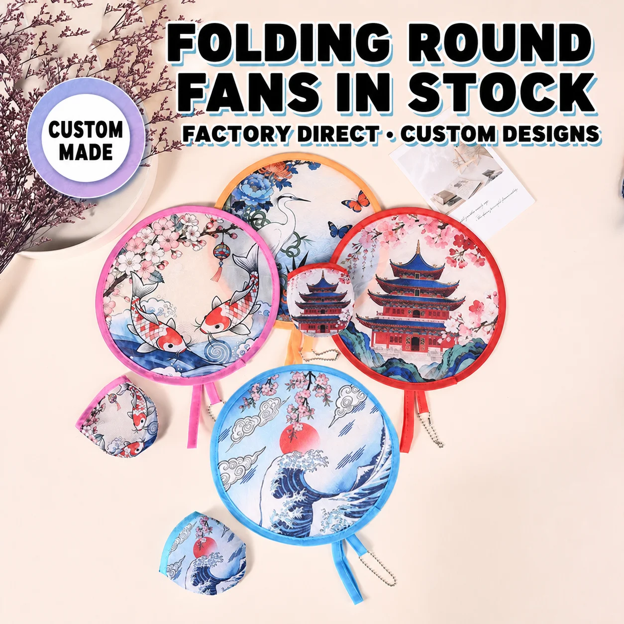Vintage Styles Handheld Compact Cooling Fans Carp Crane Sunrise Pattern Foldable Round Fans For Outdoor Games, Party Decoration