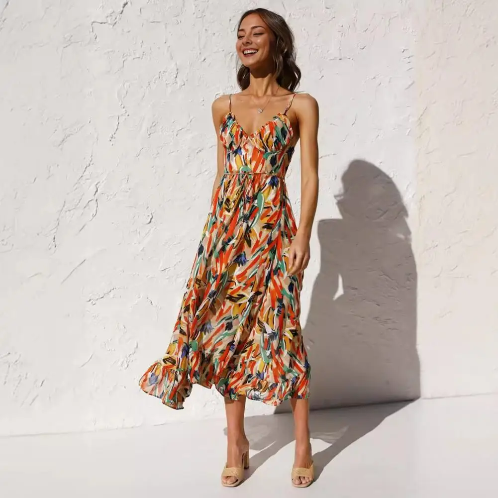 Sexy Blumen druck kurzes Kleid Frauen Sommer Mode Spaghetti träger rücken frei Strand Sommerkleid lässig ärmel los neu in Kleidern 2024
