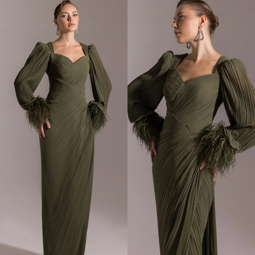 

Customized Exquisite V-Neck Long Sleeves Evening Dress High Quality Chiffon Prom Dresses Delicate Feathers Homecoming Gowns