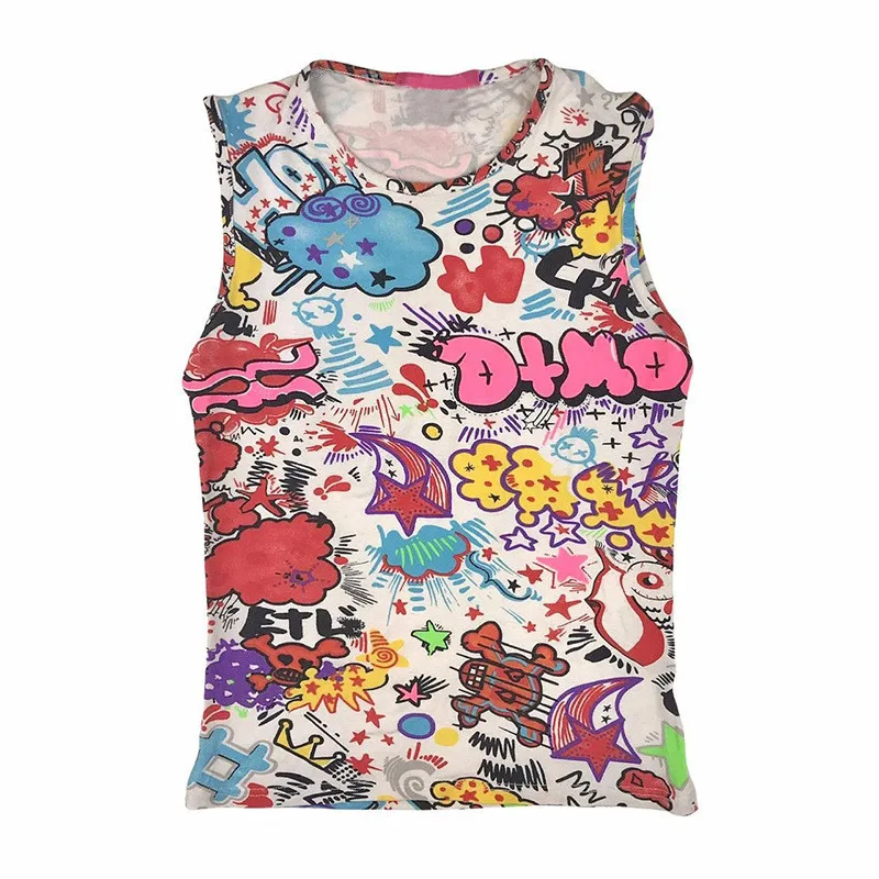 Summer Y2K European and American style sleeveless vest Punk Spice Girl High Street graffiti vest bottoming women's T-shirt 2023