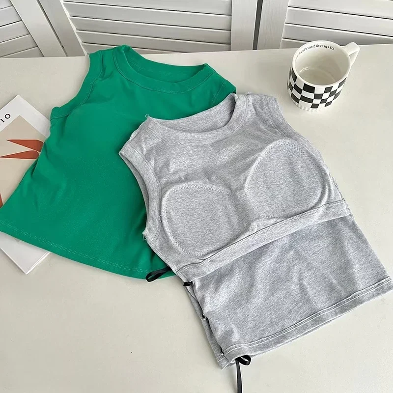 ITOOLIN Donna Solid Crop Top Estate Elastico Casual O-Collo Canotte lavorate a maglia con reggiseno Pad Lace up Top Cotton Chic Slim Camis