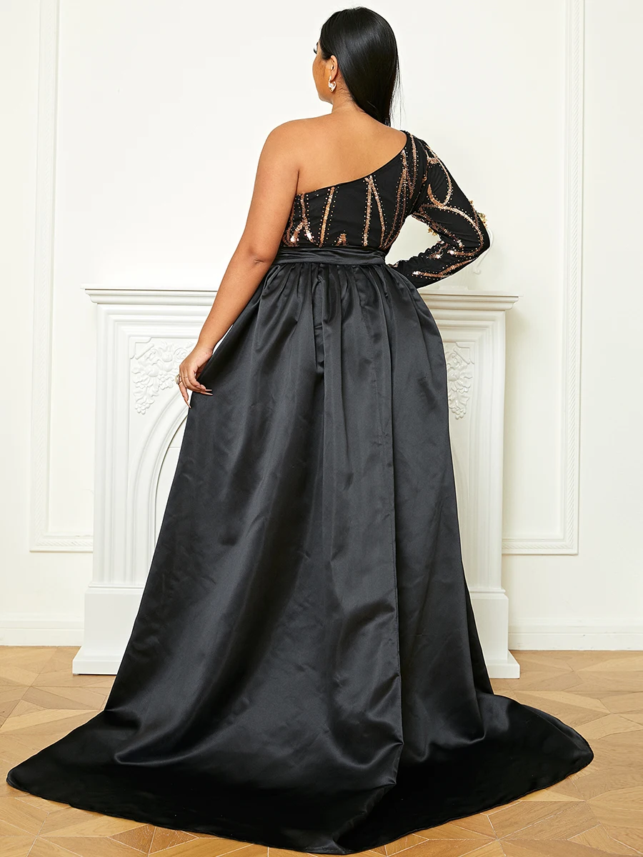 Missord Black Sequin Plus Size Evening Dresses Elegant Women One Shoulder Long Sleeve Belt Maxi Party Prom Dress With Train Gown