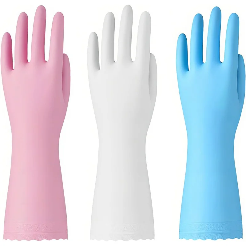 

Rubber Cleaning Gloves - 3 Pairs Latex Free, Cotton Liner, Non-Slip, Waterproof (Medium, Blue+Pink+White)