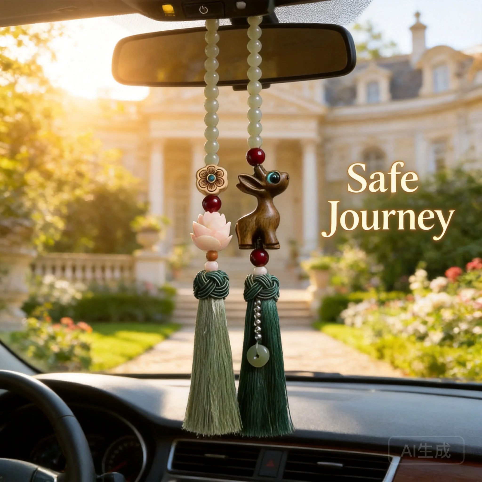 Car Rearview Mirror Hanging Ornament 2026 Deer Buddha Guanyin Design Double Tassel Beaded Auto Interior Decor Pendant for Men