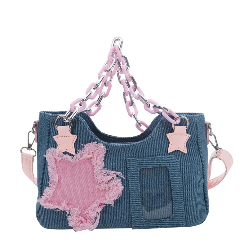 Y2K Vintage Shoulder Bag Korean Fashion Underarm Harajuku Star Tote Denim Bag Chain Ladies Bags Zip Purses Handbags Women