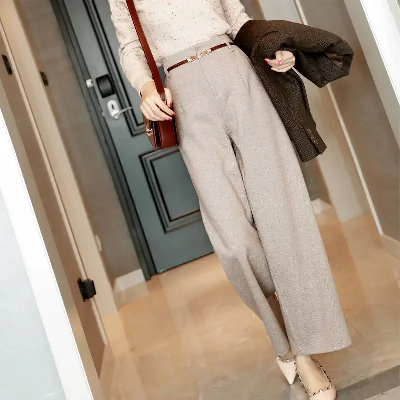 New Herringbone Pattern Woolen Women's Temperament  Waist Wide Leg Draped Casual Pants High Quality Trousers