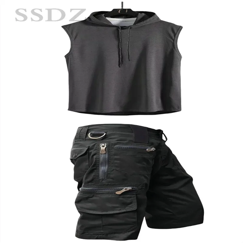 

2025 Summer New Men Fashion Casual Solid Color Hooded Sleeveless Tank Top Set Outdoor Sports Fitness Breathable Two Piece Set