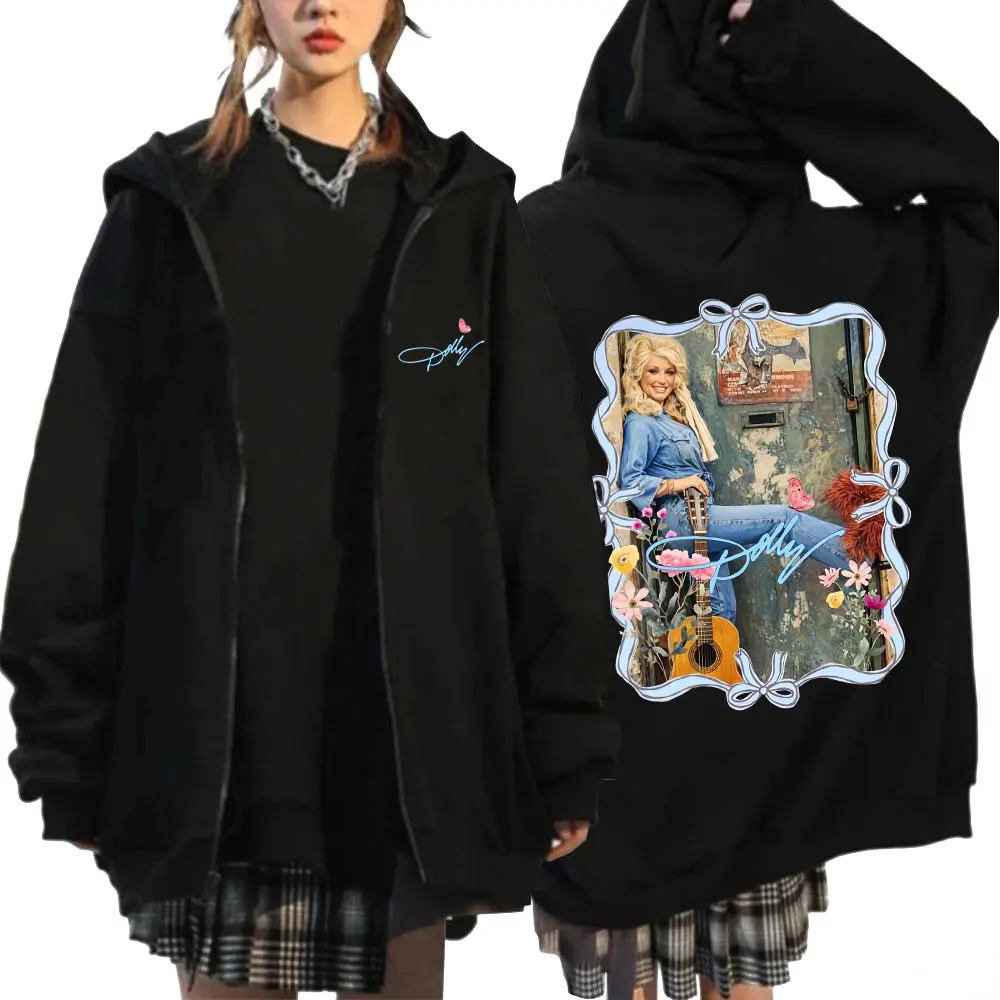 Dolly Parton Country Music Butterfly Print Zipper Hoodies Men Women Fashion Fleece Loose Zip Up Hooded Sweatshirts Jackets Coats
