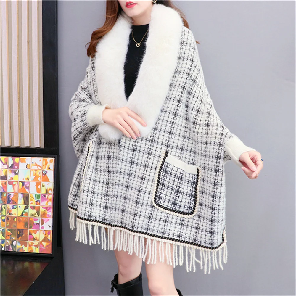 Winter Batwing Sleeves Striped Cloak Warm Black White Poncho Cappa Knitted Women Faux Fur Mink Velvet Cardigan Coat With Pocket