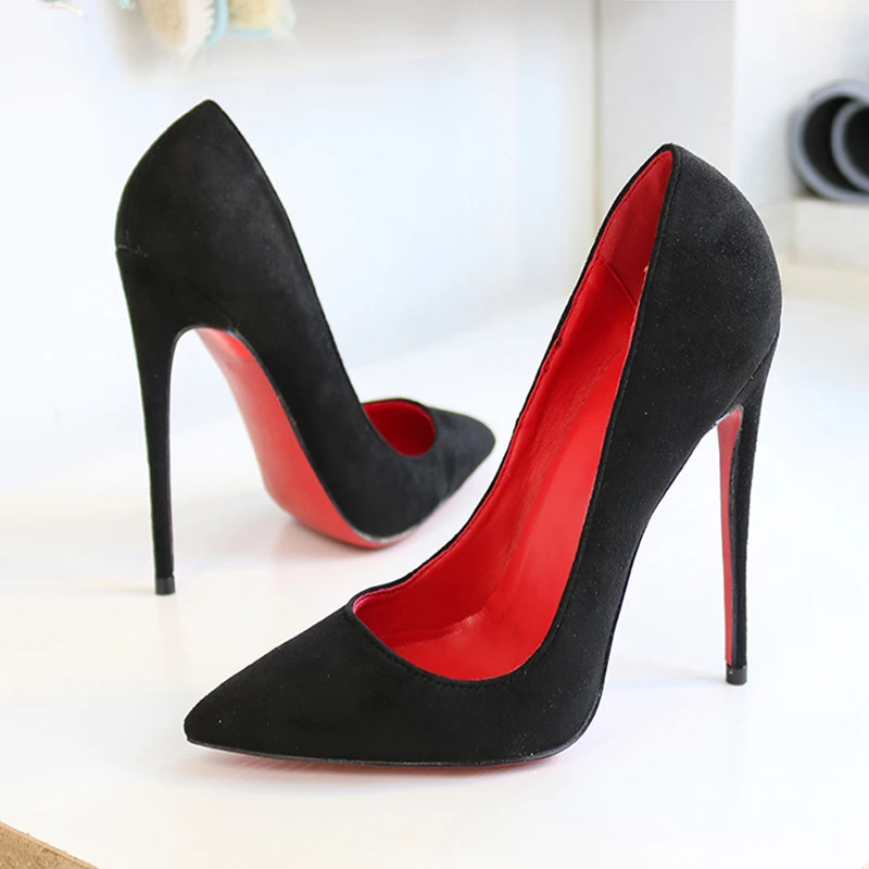 Veowalk personalizza Black Flock Women Sexy Red Pointy Toe scarpe con tacco alto elegante OL Lady Work Stiletto Party Pumps 8cm 10cm 12cm