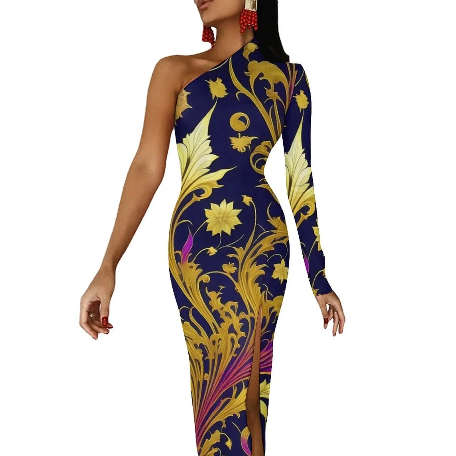 Art Nouveau Alphonse Maxi Dress Mucha Gold Leaves Floral Bodycon Dress Summer Street Wear Long Dresses Ladies Design Vestidos