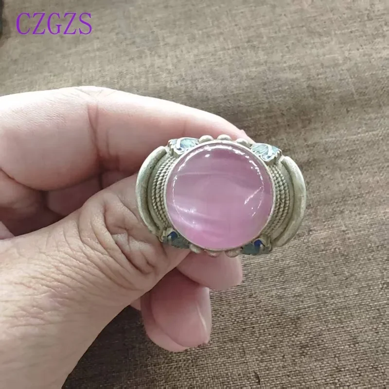 Orientalischer Vintage Unisex Offener Ring mit Blumen- und Blattmuster, Emaille-Metallband, Ovaler Imitations-Rosenquarz, Verstellbarer Ethnischer Fingerschmuck – Detail 3