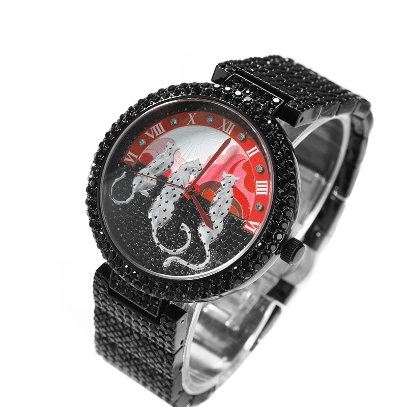 Men's Watches Sun and leopard pattern Quartz Wristwatch Men Hip Hop Luxury Brand Man Watch Waterproof Watch Jewelry Black Red
