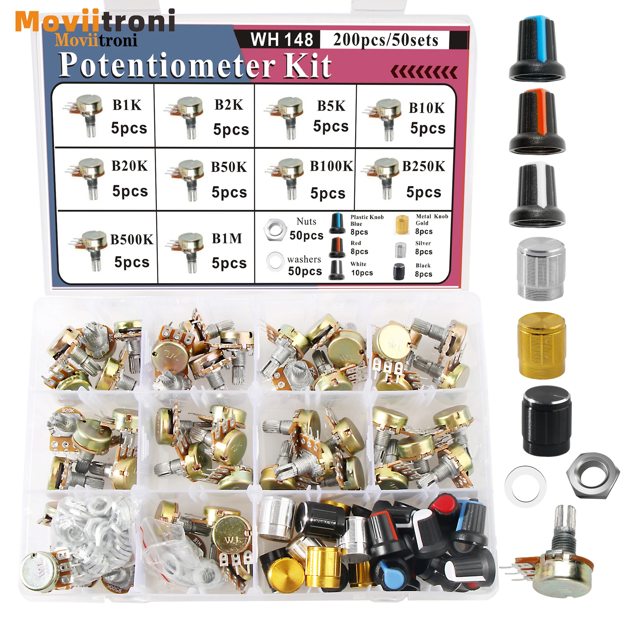 200 Stück WH148 Potentiometer-Kit, Einzelgelenk-Potentiometer mit Drehknopf, B1K, 2K, 5K, 10K, 20K, 50K, 100K, 250K, 500K, 1M