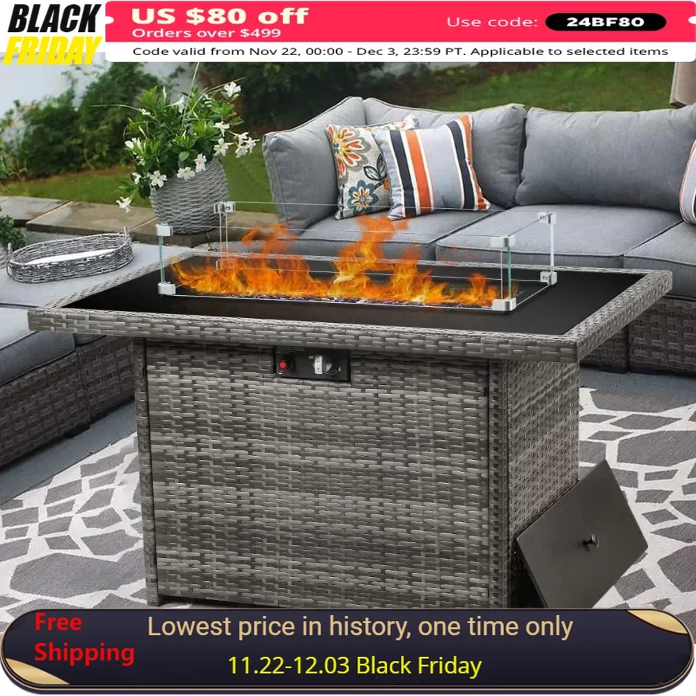 

44" Propane Gas Fire Pit Table, 55000 BTU Rectangular Fire Pit with Glass Wind Guard for Outside Patio Deck Garden, Fire Pit