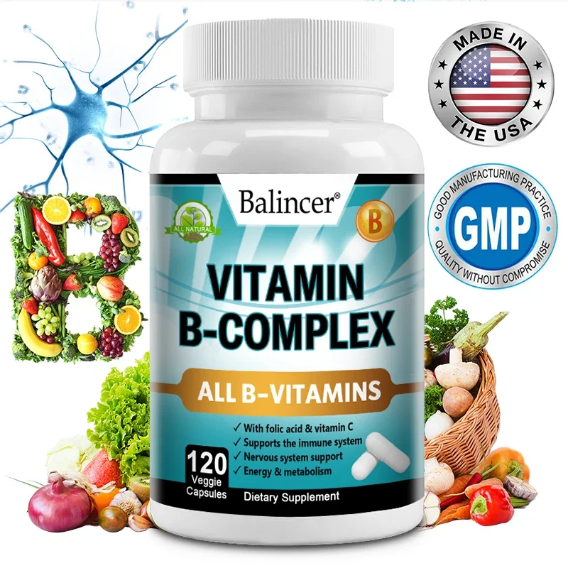 Cápsulas complejas de vitamina B: suplementos de ácido fólico y vitamina C ayudan a el sistema inmunológico, la salud neuronal, la energía y el metabolismo