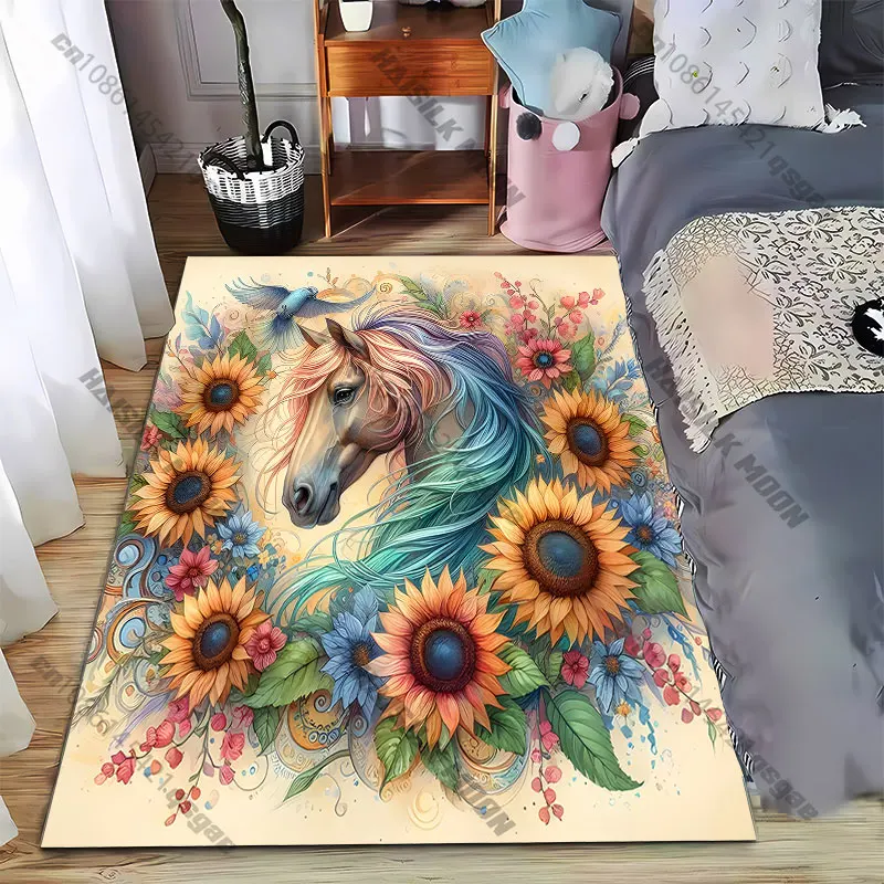Horse surrounded by vibrant flowerscarpet Yoga living room room decor children's crawling mat doormat area rug games mat