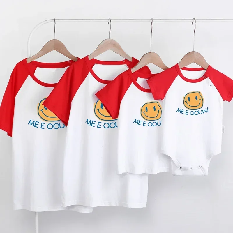 Family Outfits Father Mother Boys Girls Matching Clothes Smile Face Style Short Sleeve Cotton Tees Casual T-shirt Costume Tops