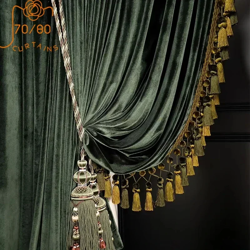 Luxury Retro Dark Green Velvet Tassels Thickened Blackout Curtains for Living Room Bedroom French Window Villa Customization