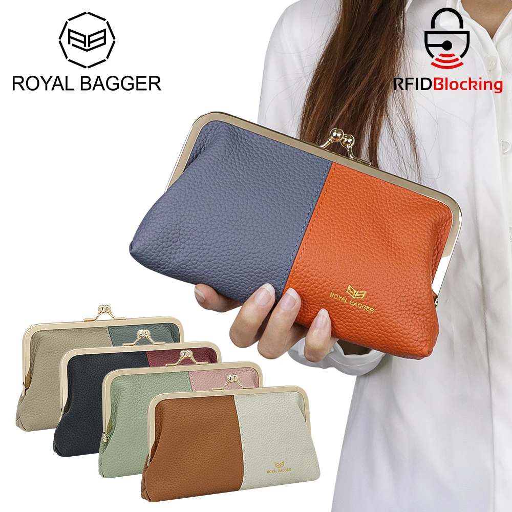 Royal Bagger RFID Contrast Clutch Purses for Women, Leather Evening Bag with Kiss Lock, Multi Layer Mobile Phone Wallet