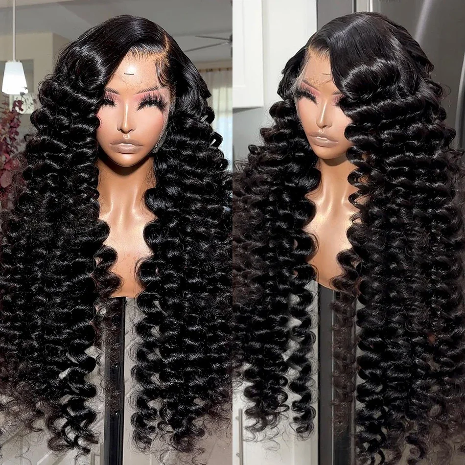 

Длинный 26-дюймовый бесклеевой натуральный черный синтетический глубокий волнистый вьющийся парик 13*4*1 плотность 180 для женщин, предварительно выщипанные детские волосы