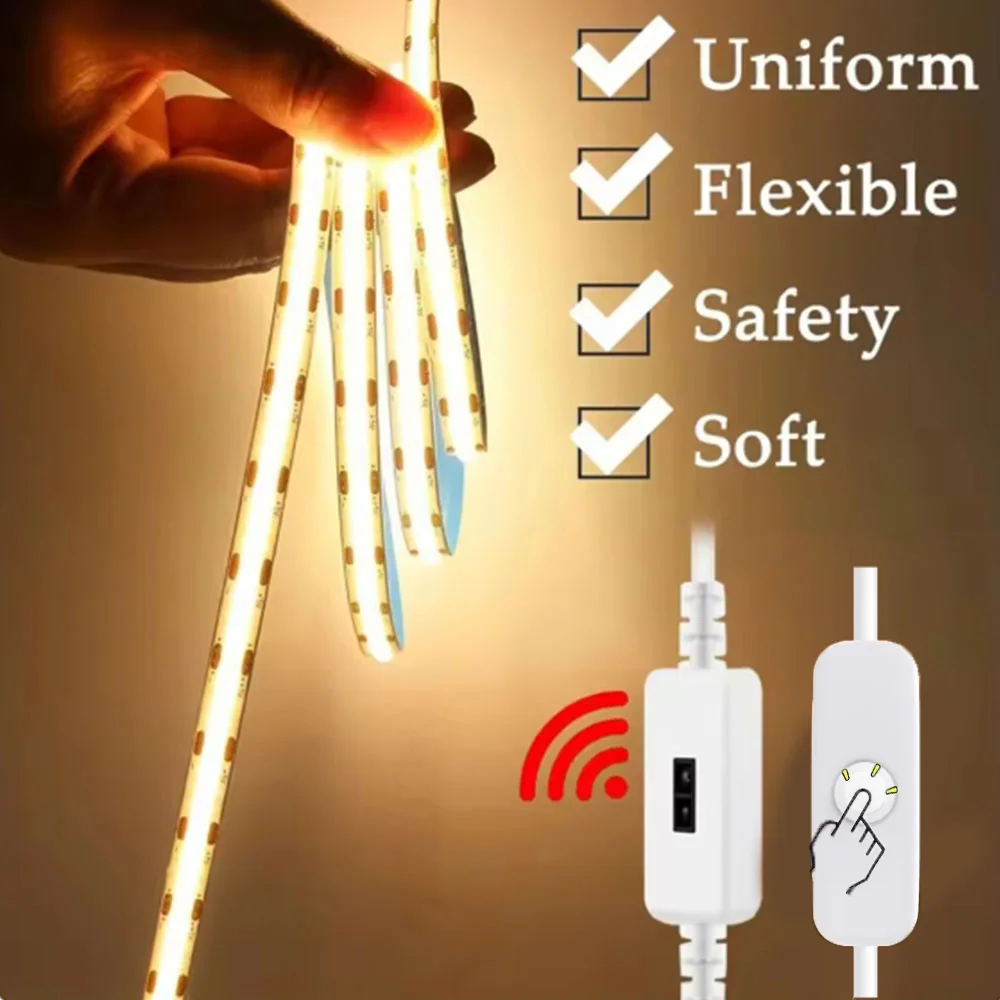 COB LED Strip Light 5V USB Hand Sweep Sensor Switch&Push Switch 1M 2M 3M Tape Lamp Dimmable Flexible Lights for Room Lightings