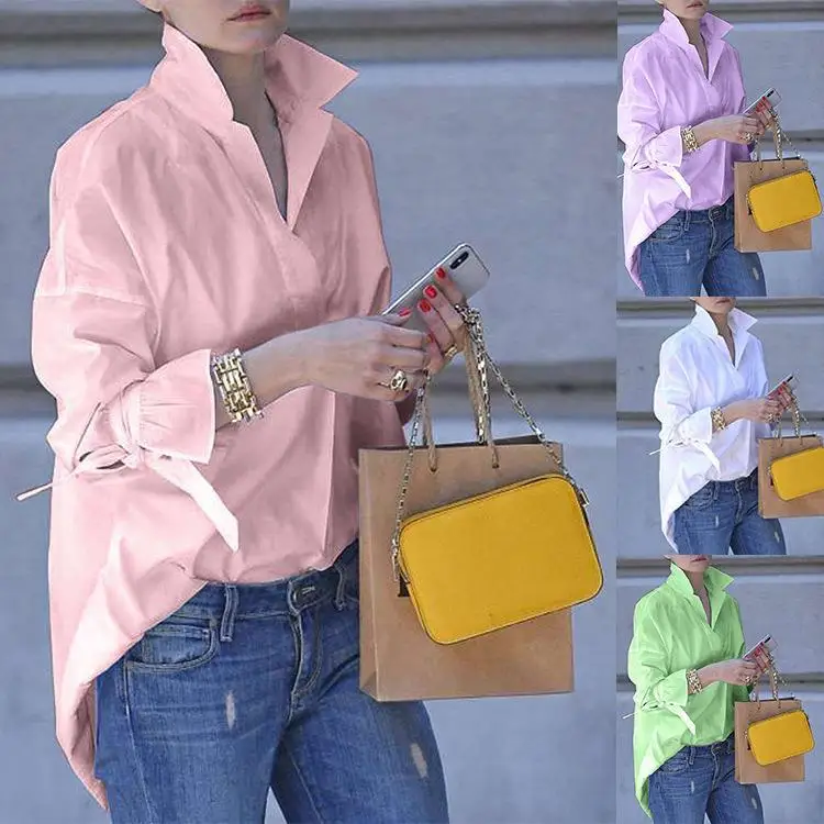 

Elegant Women's Long Sleeve Shirt plus Size Cotton Blend Spliced Color Block Elegant Style Spring 2024 Fashion Ladies' Shirt