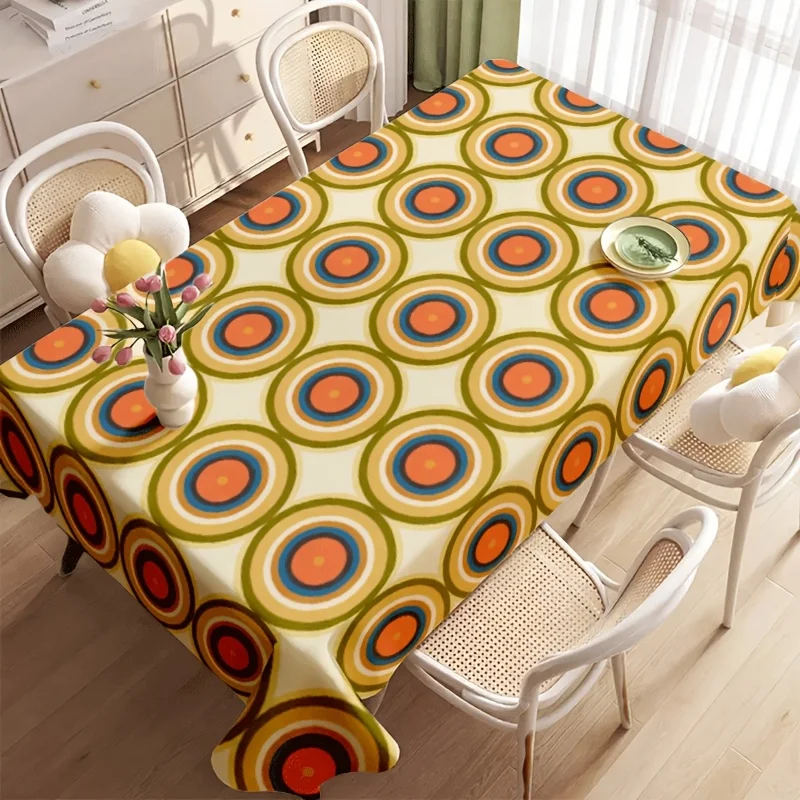 Retro Circle Tablecloth,Cream Base Multicolor Concentric Ring Print Waterproof Table Cover,Washable for Mid Century Dining Decor