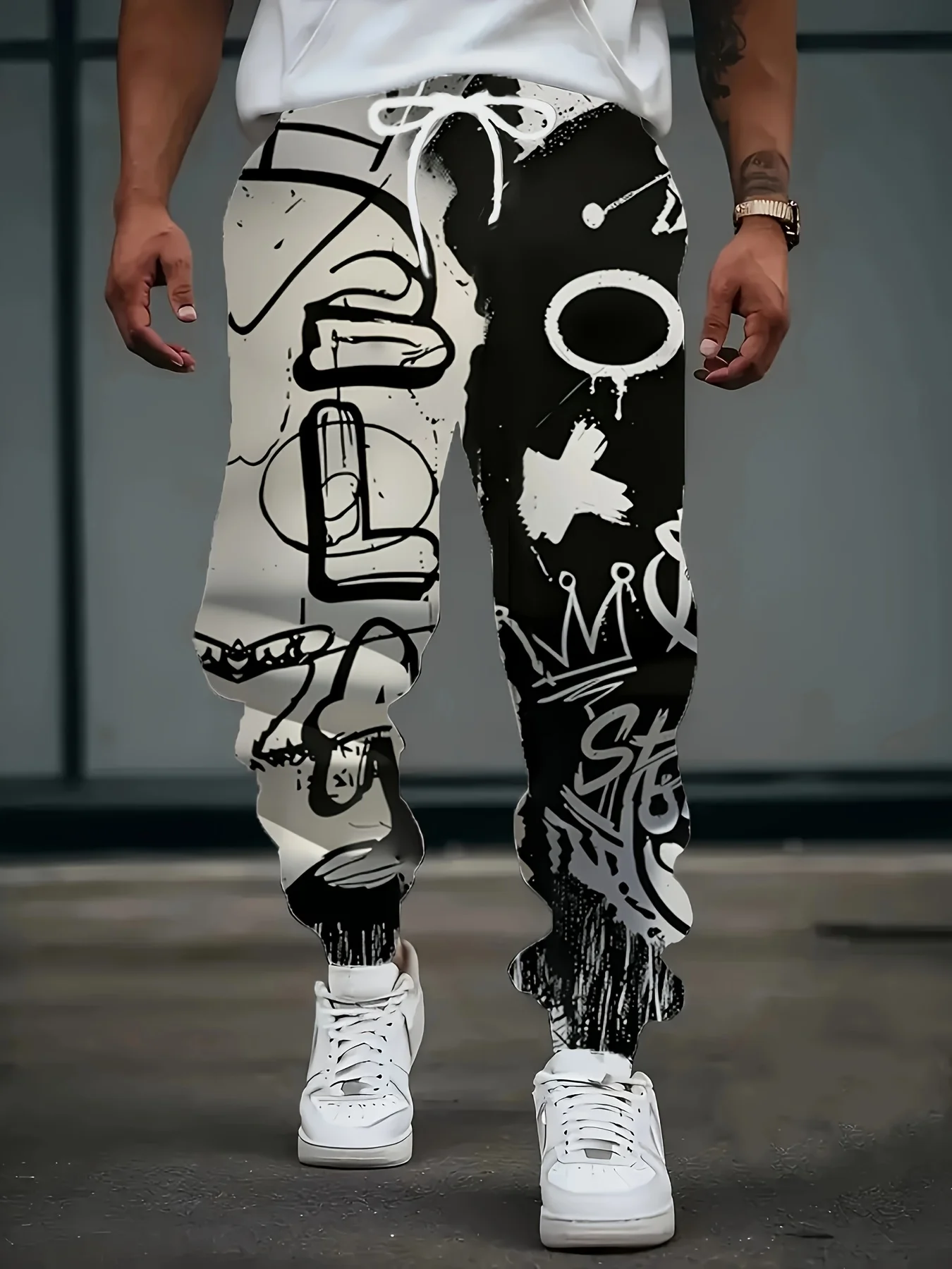 Men's Autumn Personalized Letter Graffiti Printed Micro Elastic Comfortable Drawstring Pants Outdoor Urban Joint Style Pants