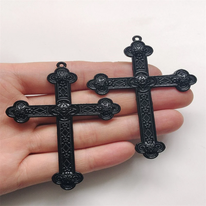 3pcs Silver Color Black 80x54mm Flower Cross Charms Jesus Faith Pendant Jewelry Making DIY Handmade Craft Accessories Wholesale