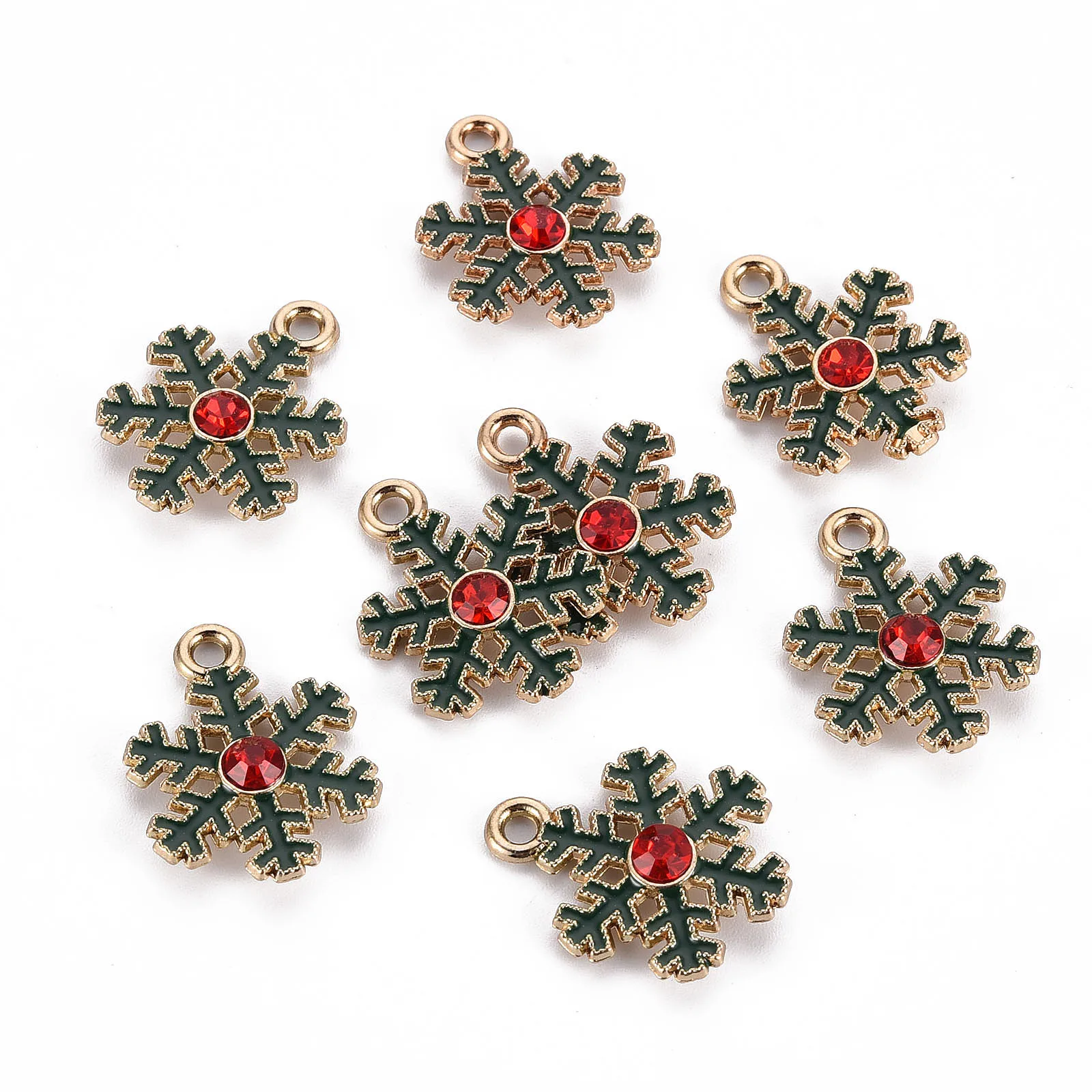 

10PCS Eco-Friendly Metal Enamel Pendants with Rhinestone Light Gold Snowflake Green for DIY Jewelry Necklace Bracelet Earring