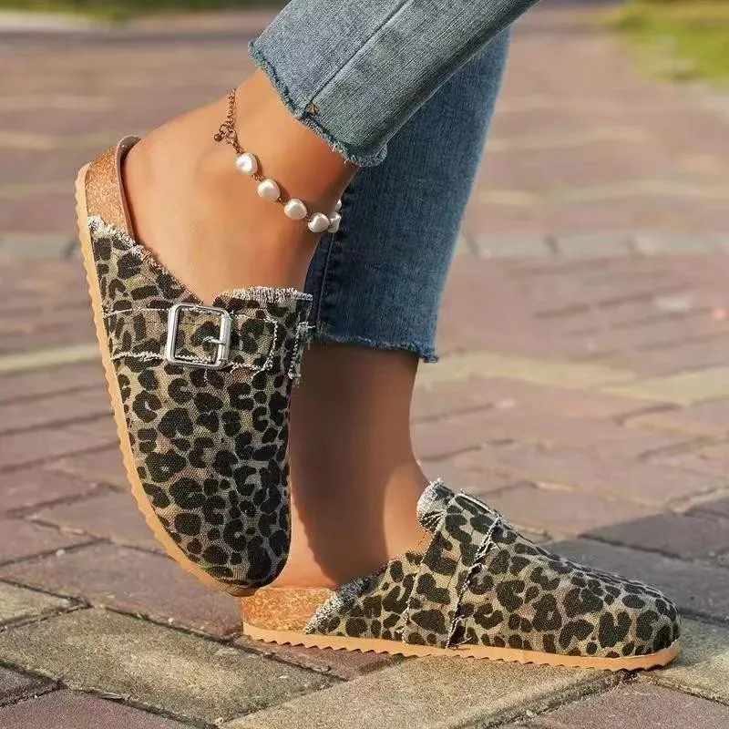 2024 Spring New Classic Women's Closed Toe Cork Sandals Slippers Ladies Leopard Cork Slippers Camo Mule Clogs Shoes Flats