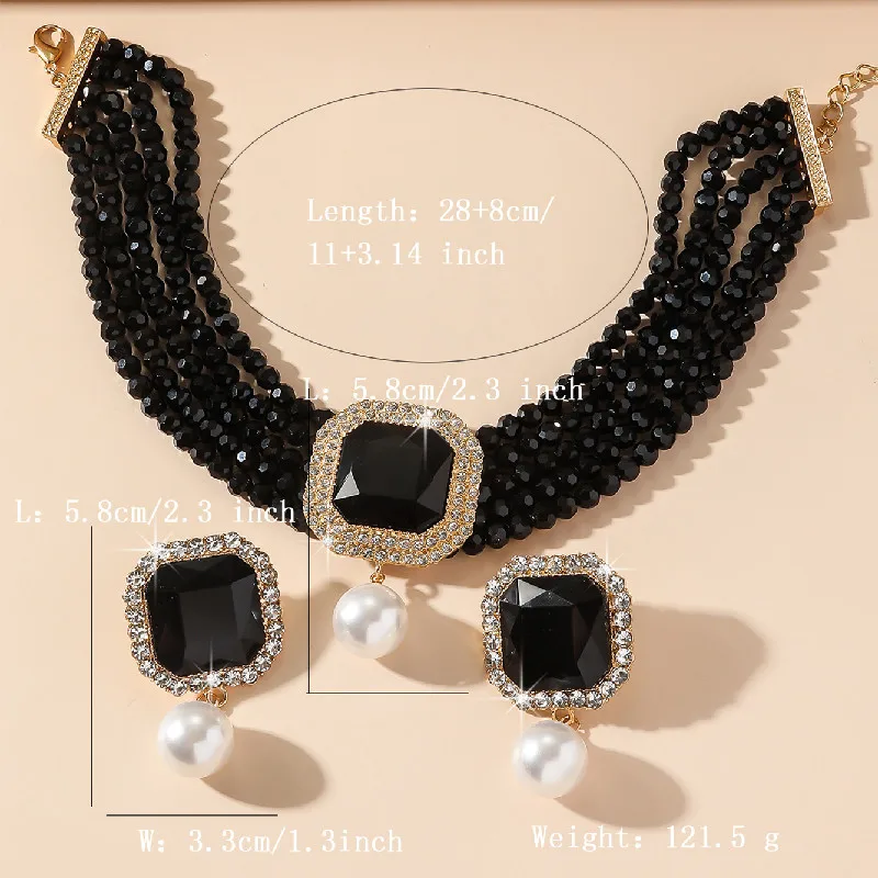 FYUAN Multilayer Green Red Blue Black Crystal Necklace Geometric Square Pearl Earrings For Women Weddings Banquet Jewelry Sets