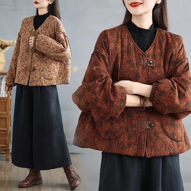 Chinese Style Floral Contrasting Thick Cotton Jacket for Women Retro V-Neck Casual Printed Quilted Top Autumn Winter Coat K2586