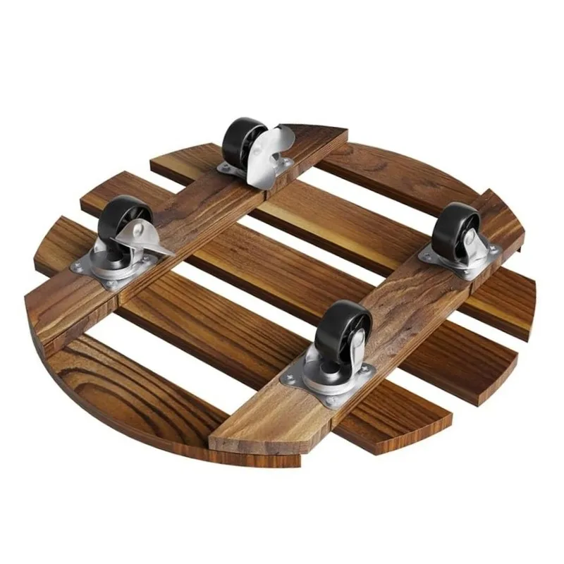 Movable Flower Pot Base Wooden Round Caster 25X25cm Carbonized Wood With Wheels-[Jyqn A78G]