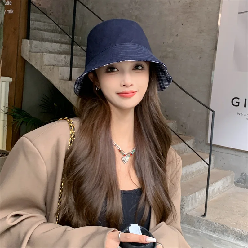 Double-sided Plaid Fisherman Hat Ladies Spring Summer Retro Simple Hat
