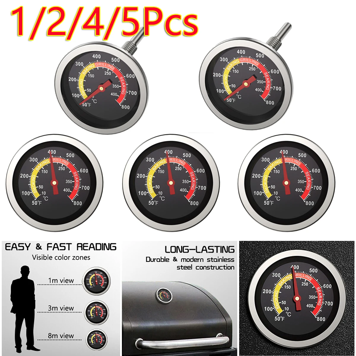 

1/2/4/5Pcs Stainless Steel Barbecue BBQ Smoker Grill Thermometer Temperature Gauge 10-400℃ Oven Cooking Food Meat Gauge Outdoor