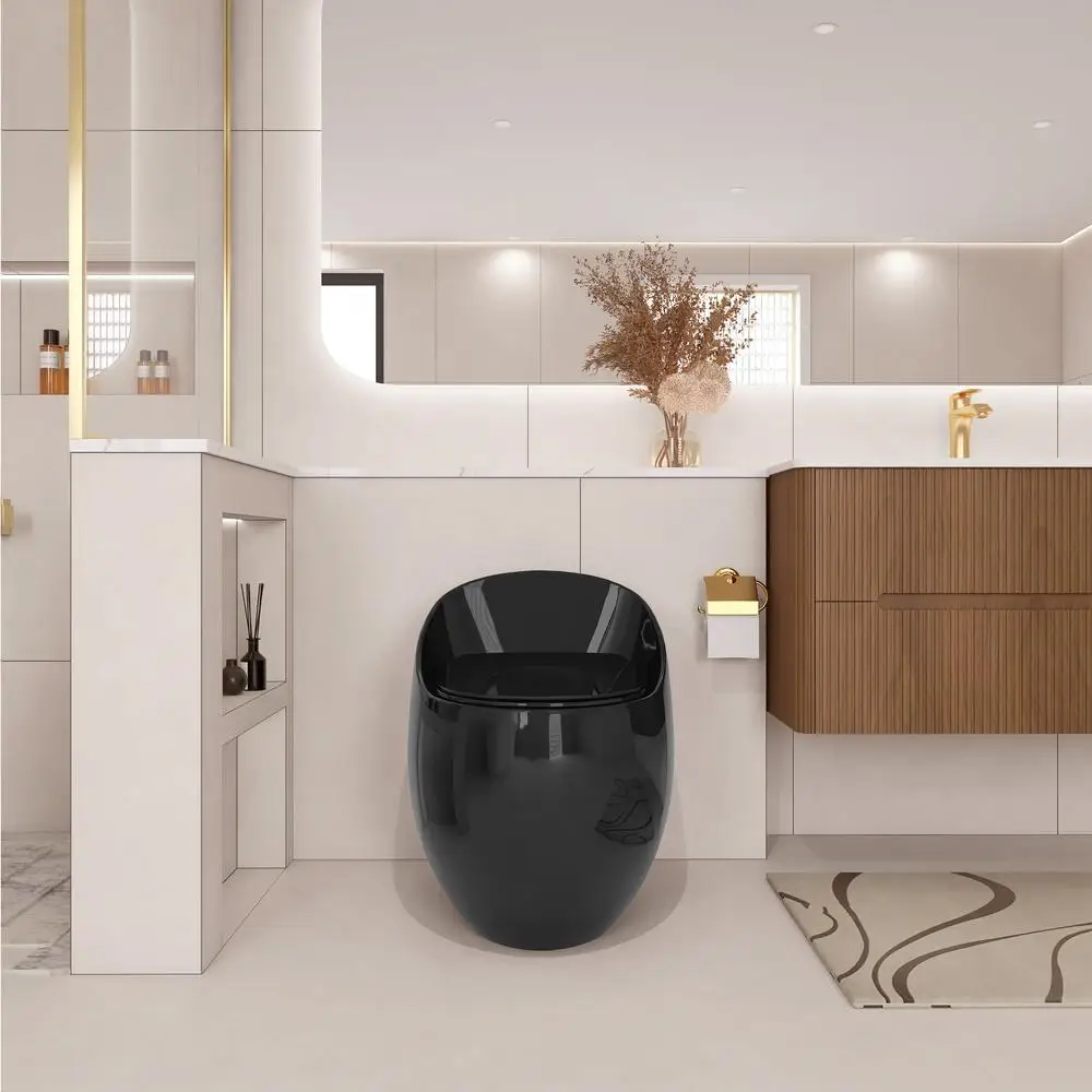 

1-Piece Glossy Black Egg Shape Toilet 1.28 GPF Water Saving Single Flush Easy Clean Toilet with Quick Release Seat