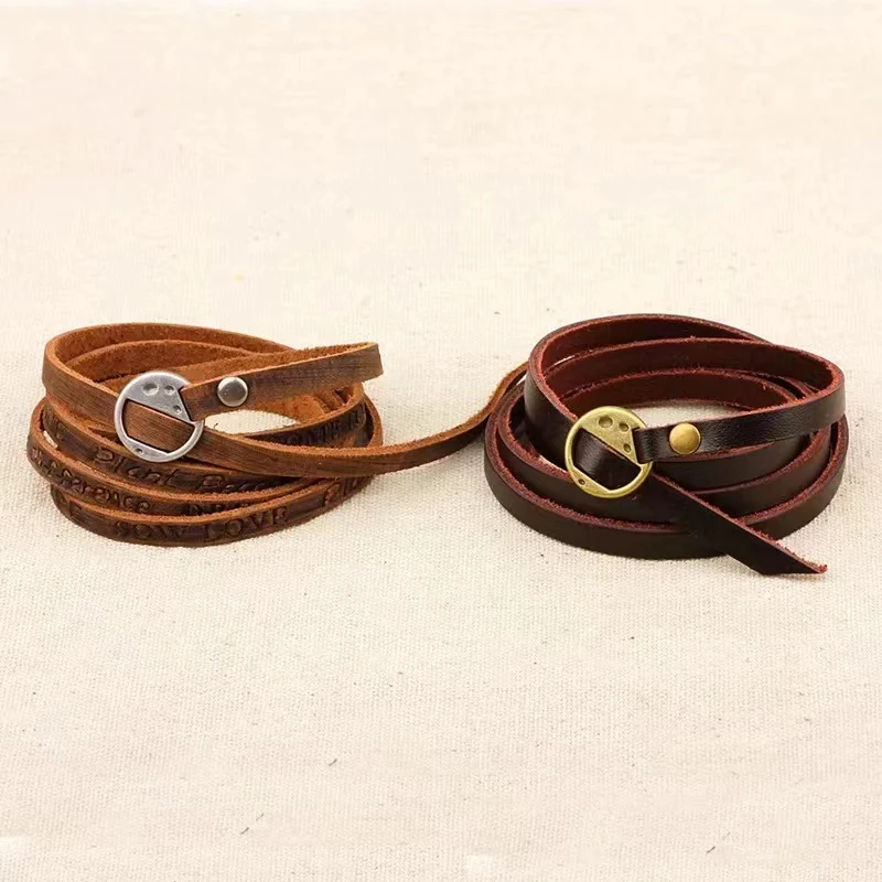 Vintage Bohemian Multilayer Bracelet Wrap Genuine Brown Leather Bracelet For Men And Women Embossing Letter Bracelets