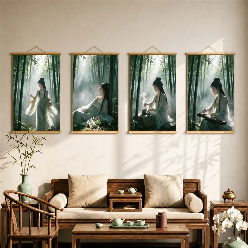 Wall Decorations Guqin Zither and Bamboo Grove, Zen Oriental Pearlescent Canvas Hanging Scroll Decor for Tea Ceremony Room