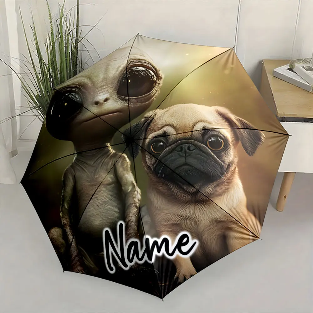 Custom Name  Creative Umbrella with Alien and Dog Artistic Print Print 8 Iron Ribs Folding Umbrella Auto-Open Fashion Sunshade