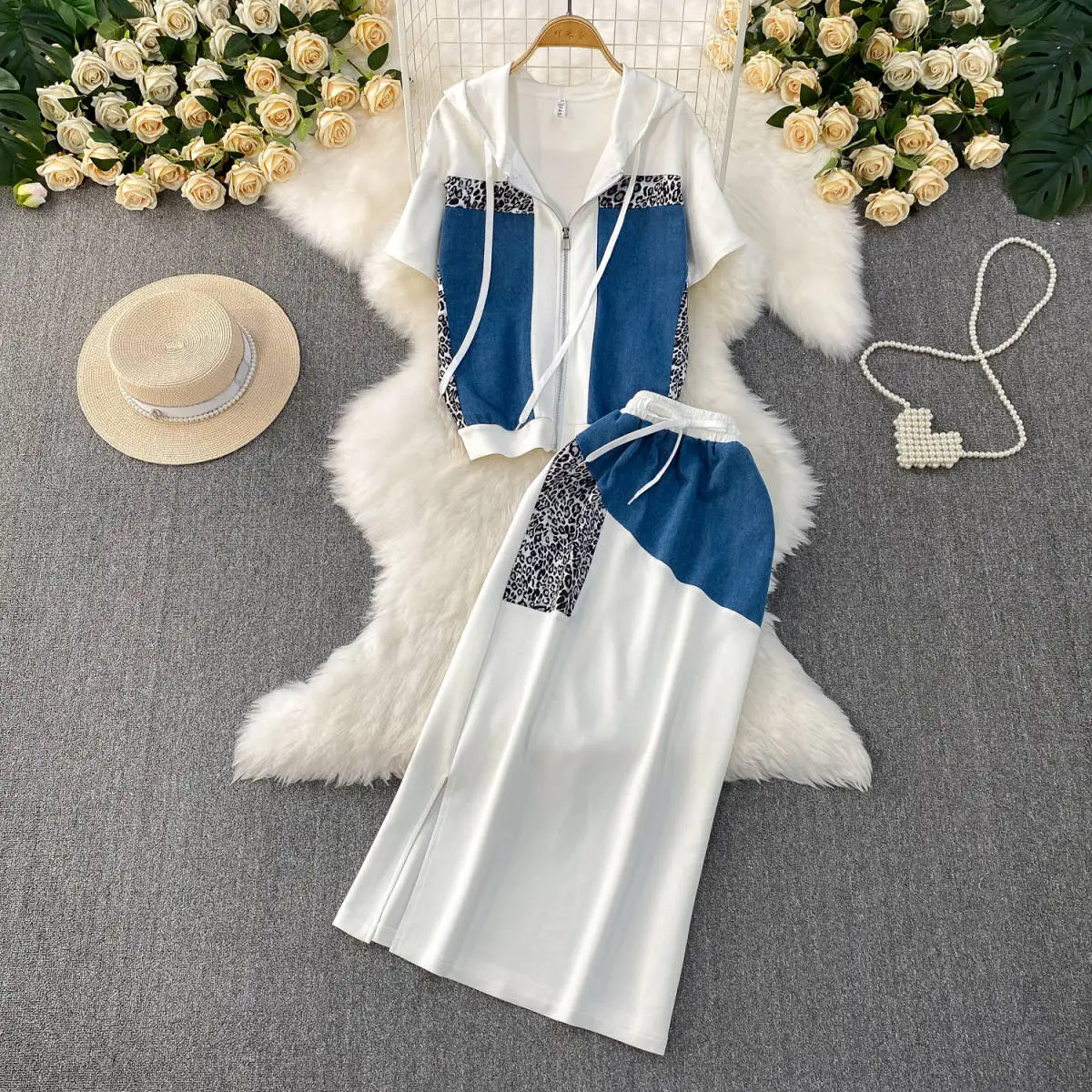 Summer New Style Women's Denim Skirt Set Slimming Short Sleeves Top Belly Covering 2-Piece Clothing For Plus Size Women
