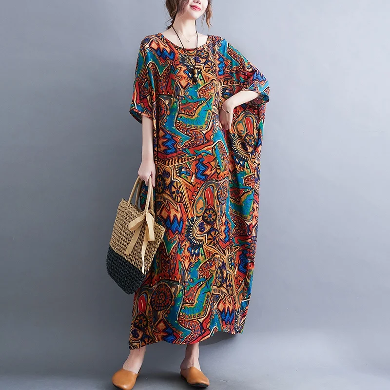 

2022 Summer New Kelawar Kaftan Cotton Women's Bohemian Dress Plus Size Clothing Round Neck Kaftan Batik Caftan Gown Nightdress