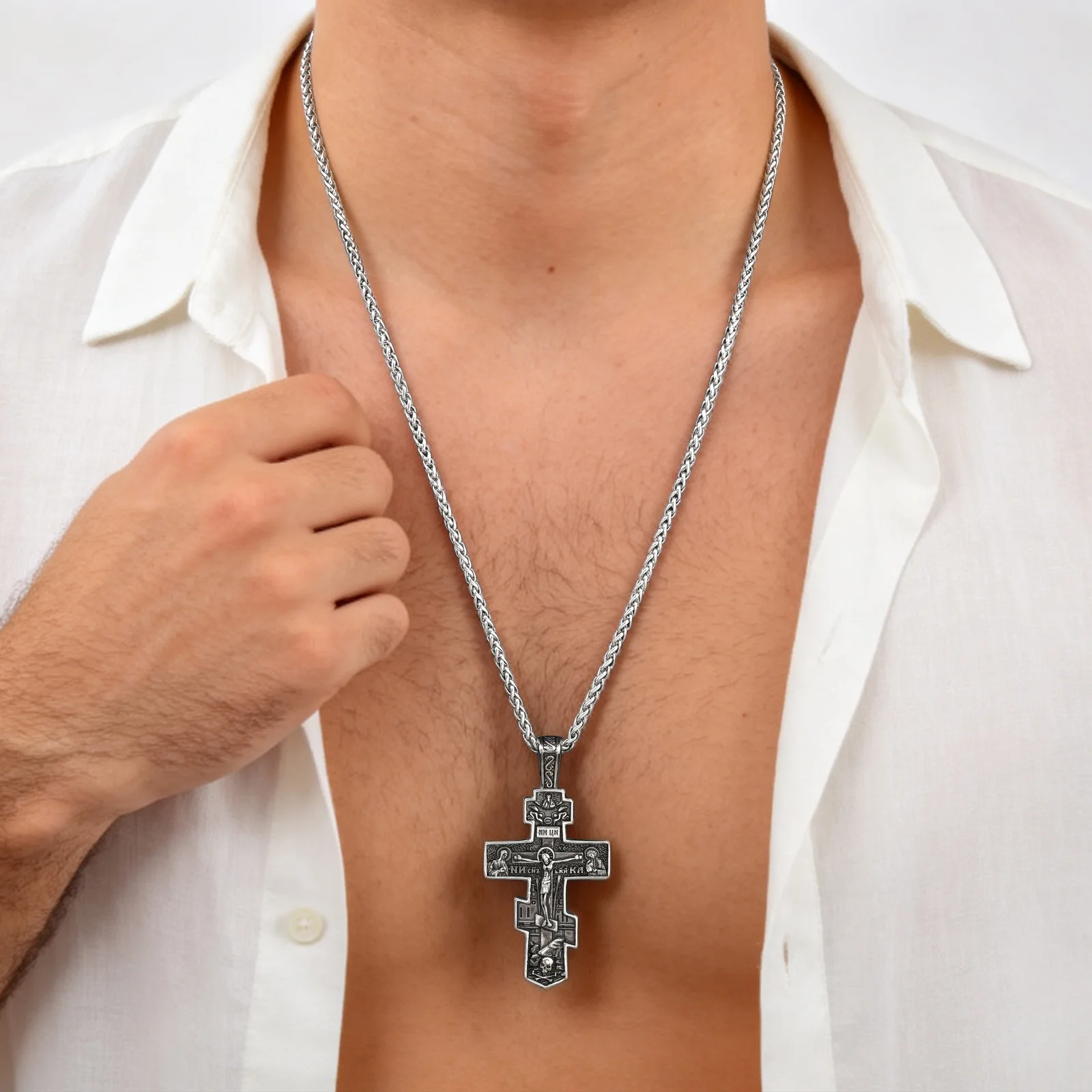 Vnox Men Orthodox Cross Necklace Stainless Steel Russian Jesus Crucifix Pendant Religious Amulet Chain Jewelry Gift for Him