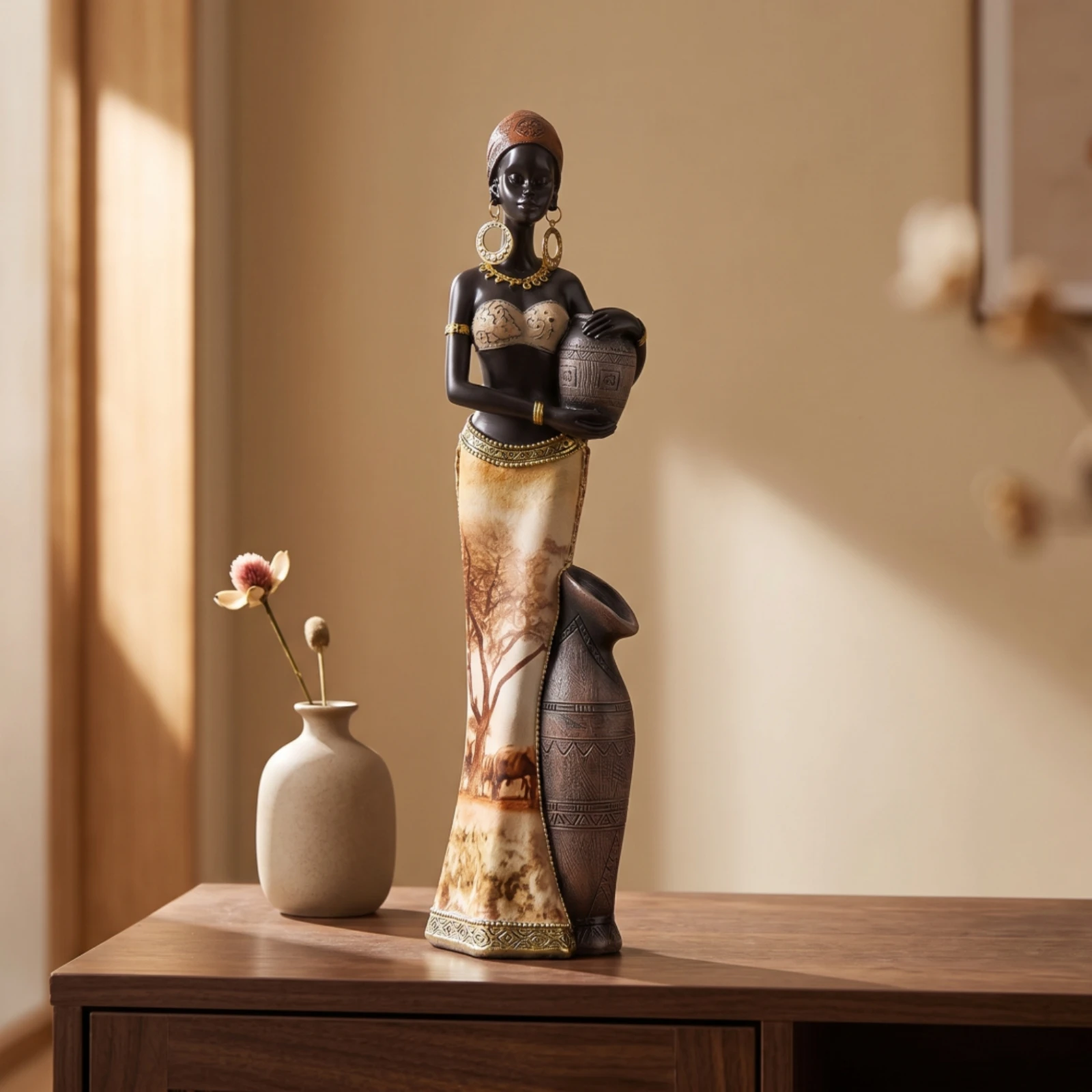 African Woman Figurine Decorative African Lady Figurine Decor Slender Artisan-Made for Home Decorators, Living Room, Entryway
