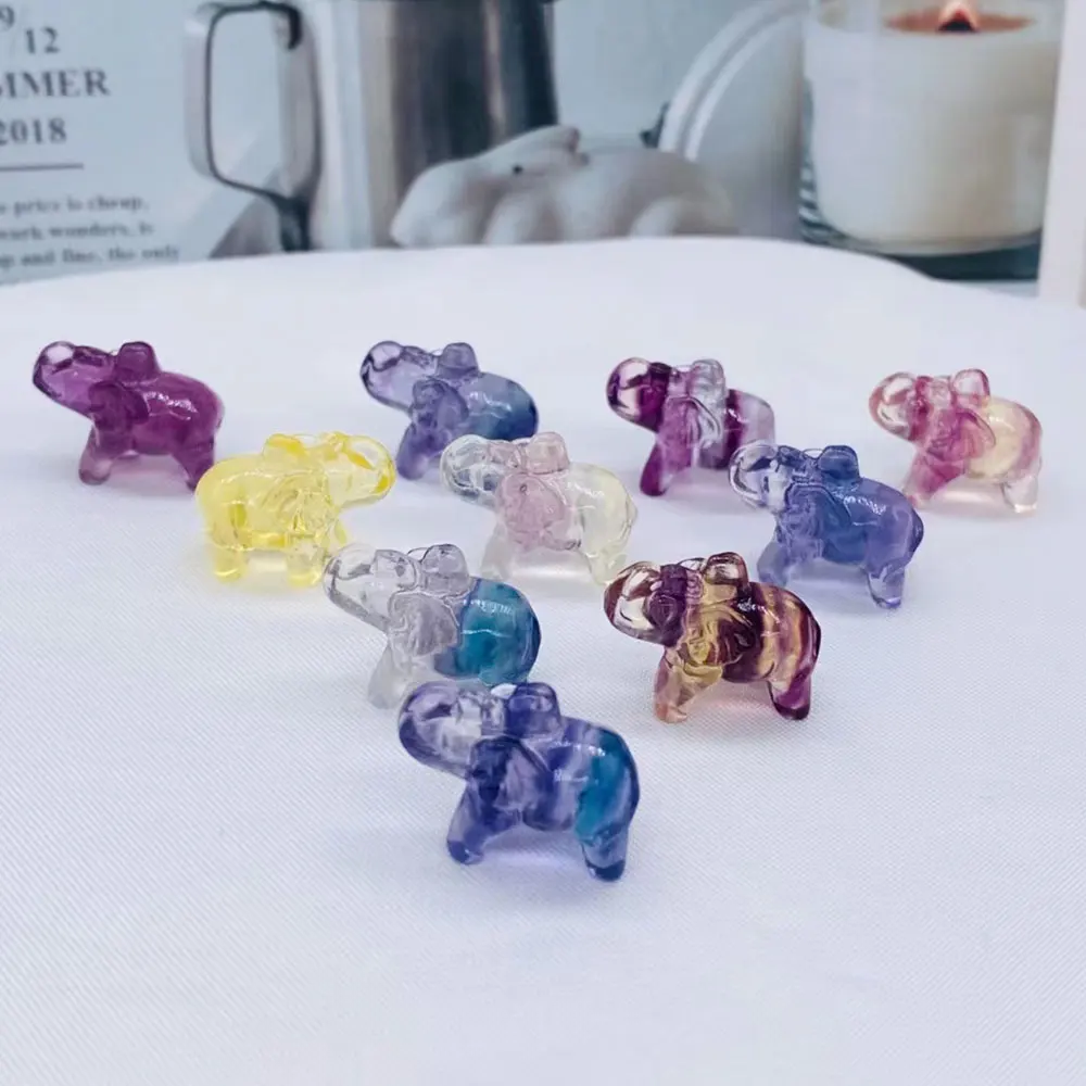 Mini Elephant Natural Stone Rainbow Fluorite Crystal Carvings Animal Crystals Healing DIY Figurine Home Room Decor Gemstone Gift