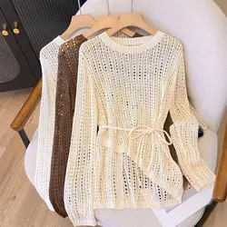 Irregular Hollow Out Knitted 2024 Autumn New Korean Style Lace-up Sun Protection Outer Wear Long-sleeved Crew Neck Pullover