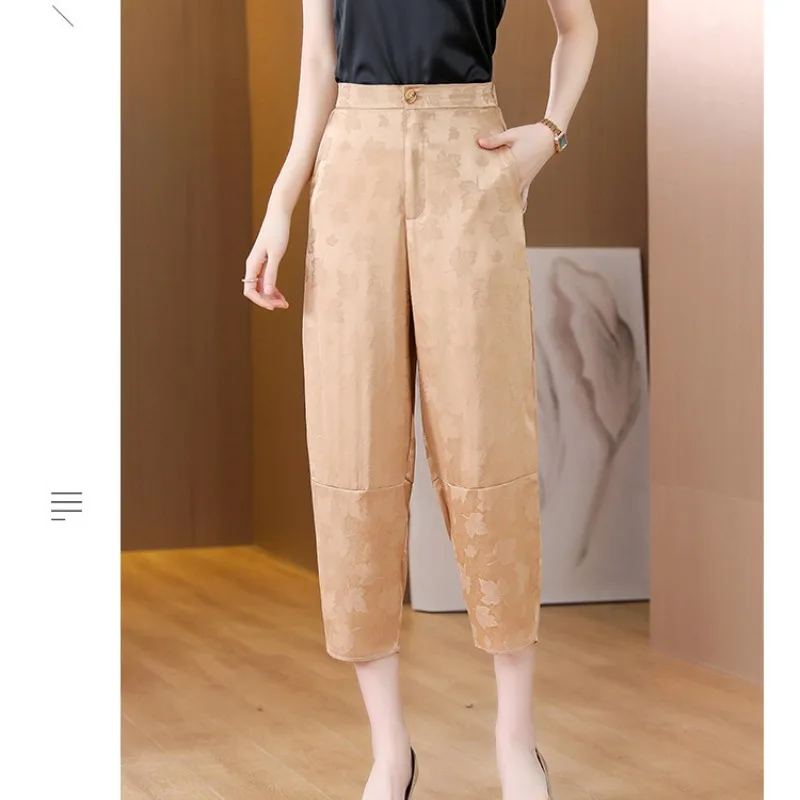 

2024 Spring and Summer Women's Spliced Button Zipper Pocket Printed Slim Solid Color Casual Versatile Nine Split Harpoon Pants