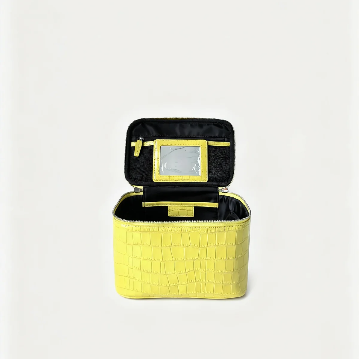 Authentisches Leder-Kosmetikset für Damen, Zitronengelbe Farbpalette, Beauty-Organizer, hochwertiges Rindsleder, Krokodilprägung, Reise-Waschtasche – Detail 13
