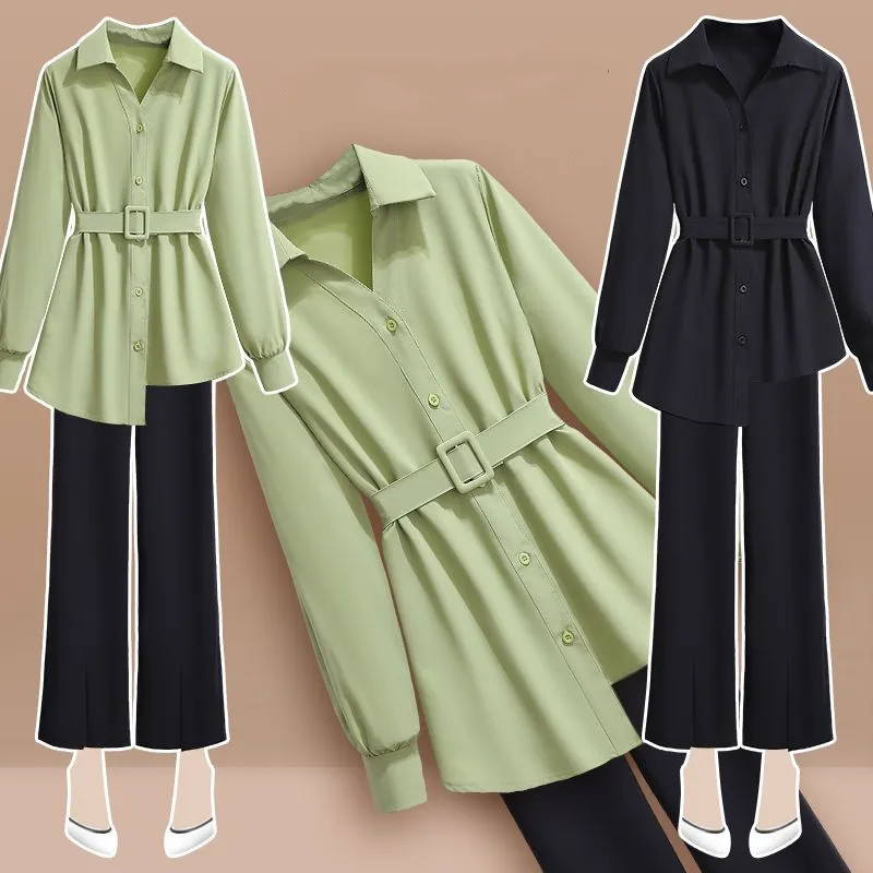 Two Piece Sets Womens Outifits For Spring 2023 New Female Pantsuits Office Lady Solid Irregular Hem Blouse & Flare Pants Costume